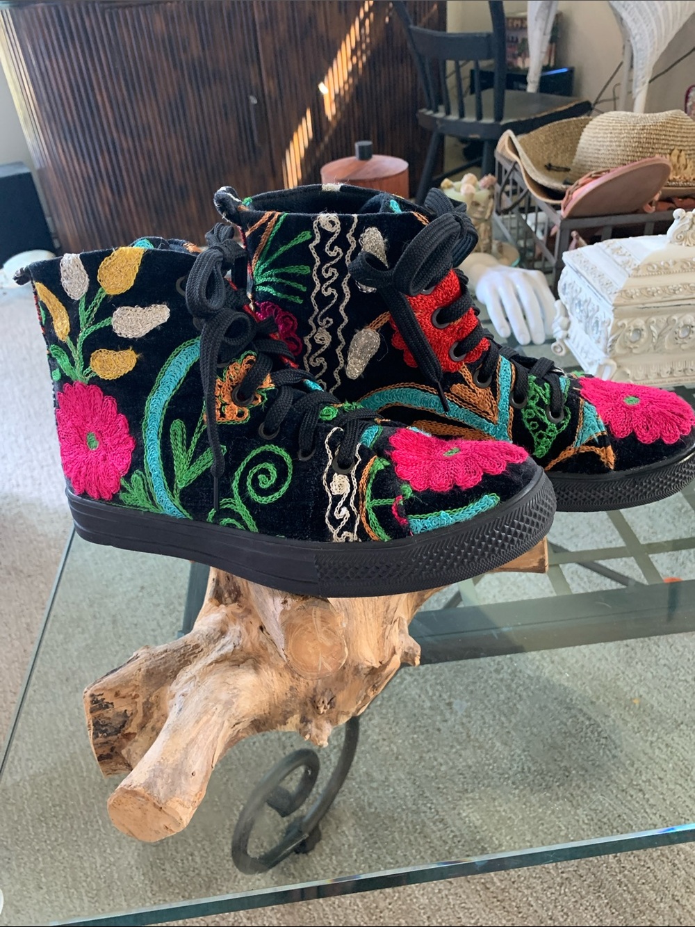Hand Embroidered Black Velvet Floral High-Top Sneakers Size 40
